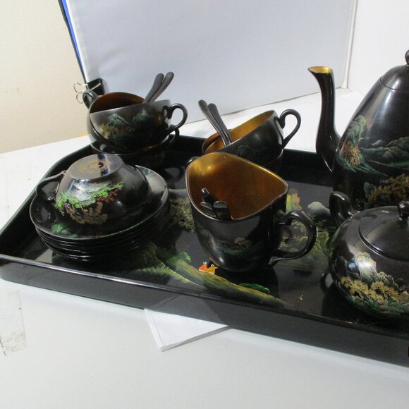 23 Piece Vintage Asian Chinese Black Lacquerware Tea Set Tray Cups Pot Oriental - Picture 2 of 16